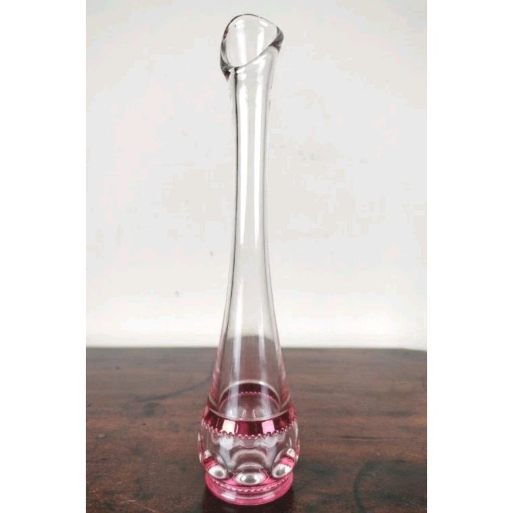 Vintage Clear & Cranberry Glass Bud Vase Thumbprint 9.5 "